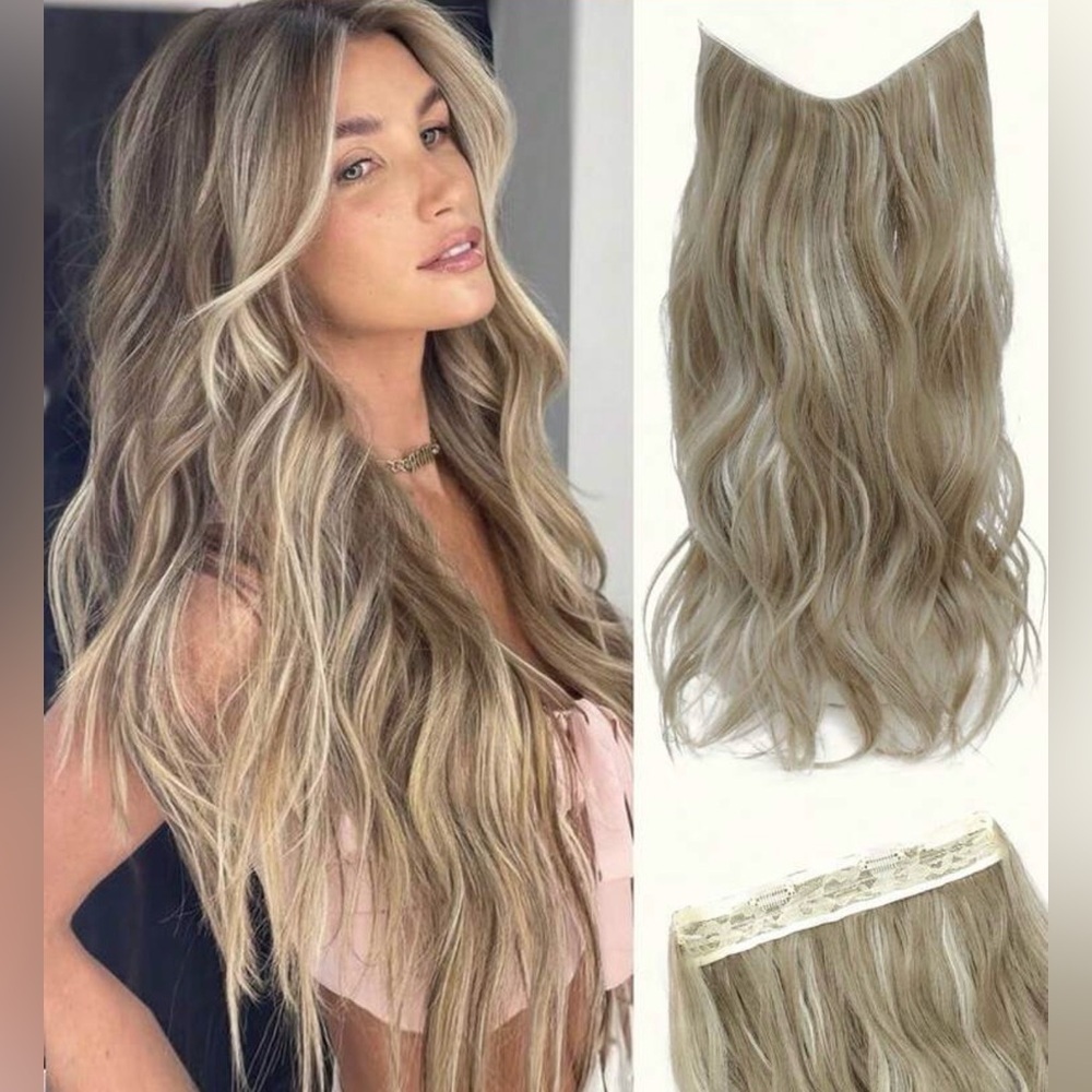 22” Human hair blend Halo Extensions Wavy Ash Blonde Balayage Invisible Wire